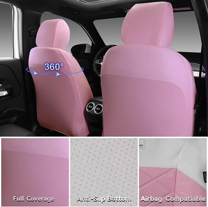 CAR PASS Memory Foam Leather Front Seat Covers, Waterproof Nappa Leather Seat Covers Front Seats Universal Fit for Cars,SUV,Truck Seat Covers Thick 3D Foam Comfortable, Airbag Compatible Pink White
