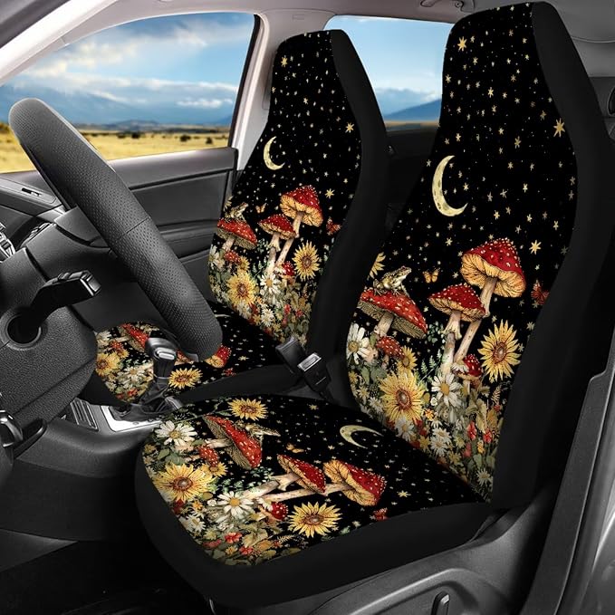 Mushrooms Car Seat Covers Full Set 17 Pack for Women Star Moon Mushrooms Car Accessories Set with Car Mats Full Set Steering Wheel Auto Covers Seat Belt Cover Pad Lip Balm Keychain Holder