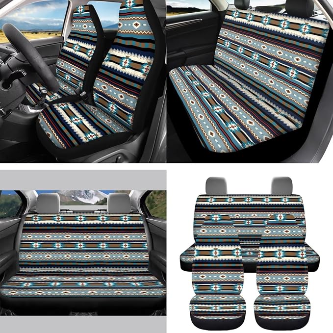 Aztec Stripes Car Accessories Car Seats Cover Protector, Steering Wheel Cover, Seatbelt Cover, Vehicle Trash Can, Cup Coasters, Rearview Mirror Cover, Keychains, Pack of 15