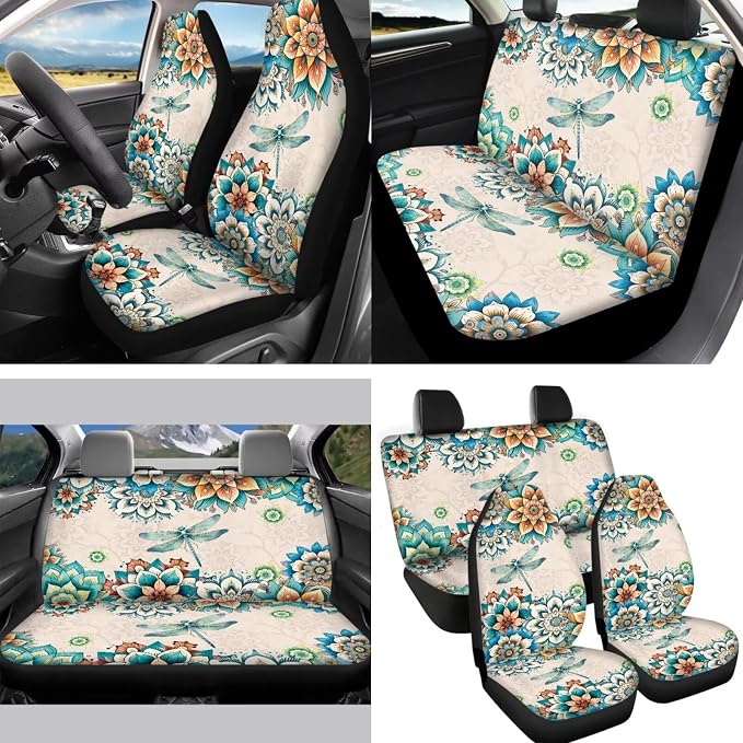 Boho Car Accessory Bohemian Flower Dragonfly Seat Covers for Women,Comfy Durable Auto Interior Set Protection with Steering Wheel +Seatbelt Pads+Mirror Cover+Coaster+Car Handbreak Cover