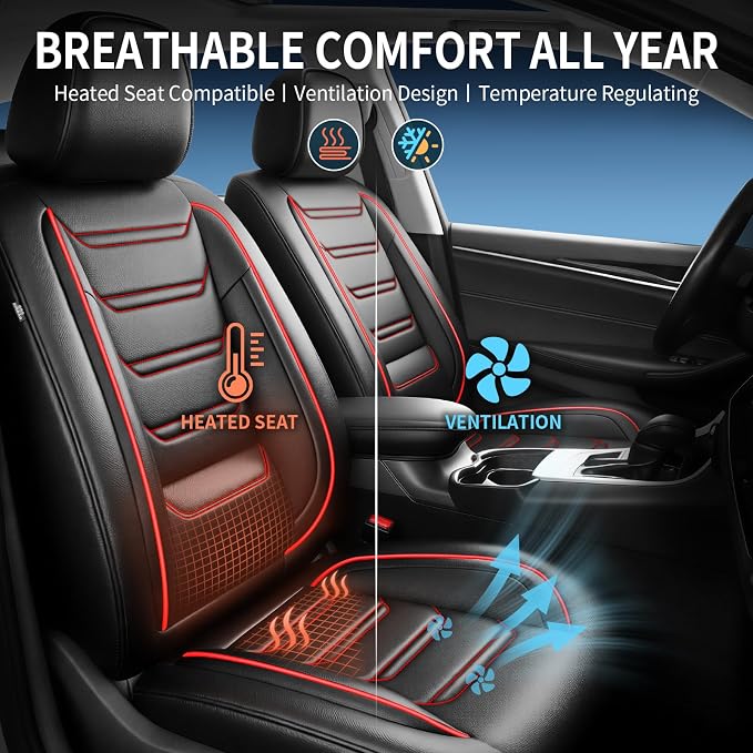 Fit XT6 Car Seat Covers for Select Cadillac XT6 2020-2025 - Premium Full Coverage Leather, Airbag Compatible & Scratch-Resistant, Waterproof & All Weather Seat Protector, Full Set, Red Trim