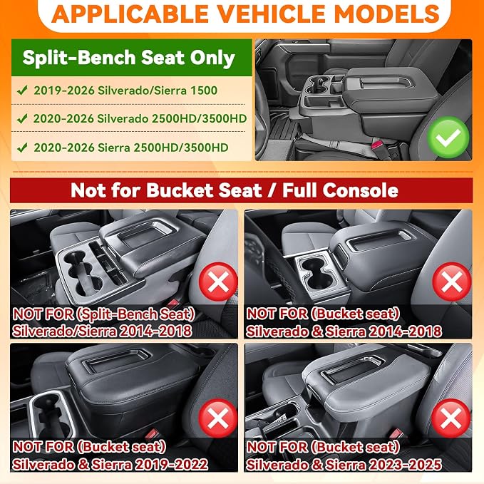Center Console Tray and Dash Storage TrayCompatible with 2019-2026 Chevy Silverado/GMC Sierra 1500 & 2020-2026 Silverado/Sierra 2500HD 3500HD-(Split-Bench Folding Seat)-3 Pack