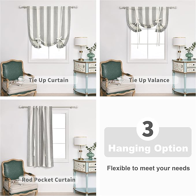 DriftAway Chris Double Layer Linen Blackout Tie Up Curtains Thermal Insulated Fully Lined Vertical Striped Balloon Roman Shade Bathroom Window Adjustable Rod Pocket 45 Inch by 63 Inch Gray