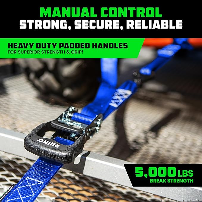 Rhino USA Ratchet Straps Heavy Duty Kit (4-Pack) - 1.6 Inch x 8 Feet Min Break Strength (5,000) - Ultimate Tie Down Straps with Safety S Hooks for Trucks, ATV, UTV, Motorcycle, Cargo & More - Blue