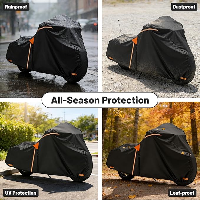 XYZCTEM Motorcycle Cover Heavy Duty Waterproof with Side Box, Fits Harley Davidson Touring Models Road King Road Glide Street Glide Electra Glide Outdoor All Weather Protection, 107 Inch