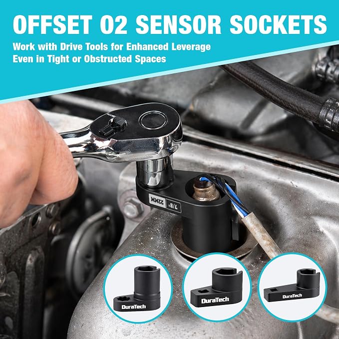 DURATECH 12-Piece Oxygen Sensor Socket Set, O2 Sensor Removal Tool Kit with 22mm, 27mm, 29mm, 7/8" and 1-1/16" Sockets, 3/8" & 1/2" Drive, Thread Chasers, O2 Sensor Socket Set with Storage Case