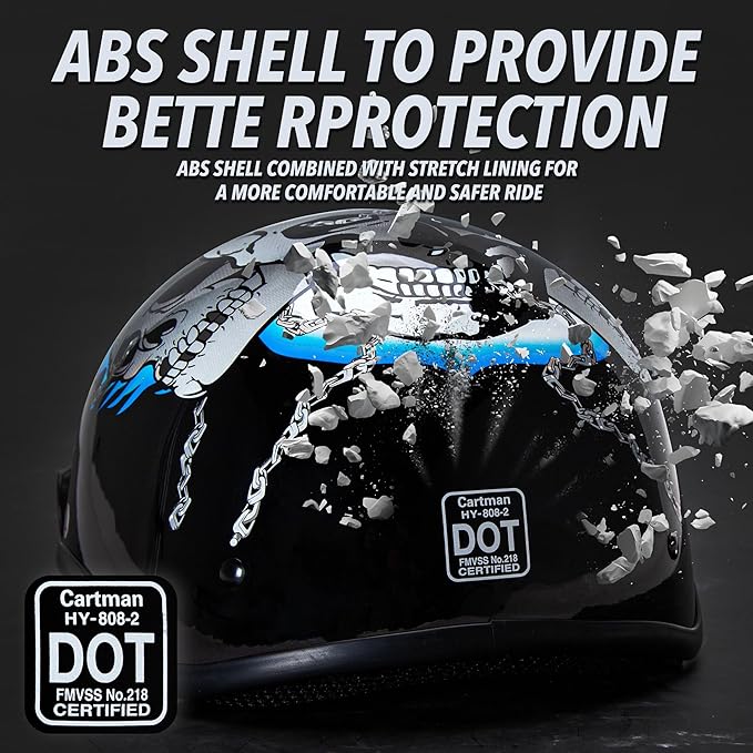 Cartman Cruiser Scooter Motorcycle Half Face Helmet, Blue Skull Graphics, DOT Approved for Bike Scooter ATV UTV Chopper, X-Large