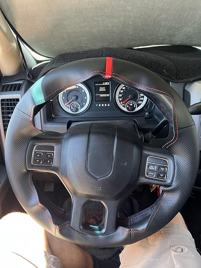 Genuine Leather Carbon Fiber Steering Wheel Cover for Dodge RAM 1500 2012-2018/1500 Classic 2019-2022/2500 3500 5500 Accessories Car OEM Custom Fit Hand Stitched Interior Parts