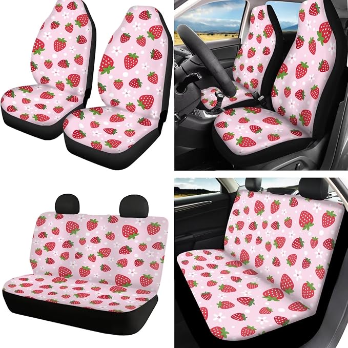 Strawberry Floral Print Car Seat Covers Set Includes Front Rear Seat Covers Headrest Protectors Steering Wheel Cover Seatbelt Pads Center Console Pad, 18Pcs Car Interior Decor