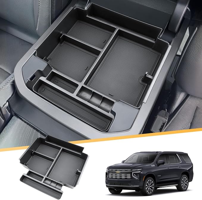 Center Console Organizer for 2021-2026 Chevy Tahoe/Suburban(Premier/High Country) & Yukon/Yukon XL(Denali/Denali Ultimate)Armrest Storage Accessories - Only Fit For Power Sliding Center Console