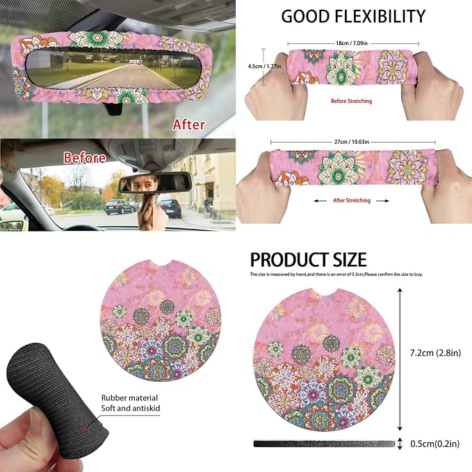 Pink Mandala Car Accessories Auto Seat Covers Full Set of 15 with Steering Wheel Cover, Seat Belt Pads, Trash Can, Coaster, Rearview Mirror Cover, Keychains for SUV Van