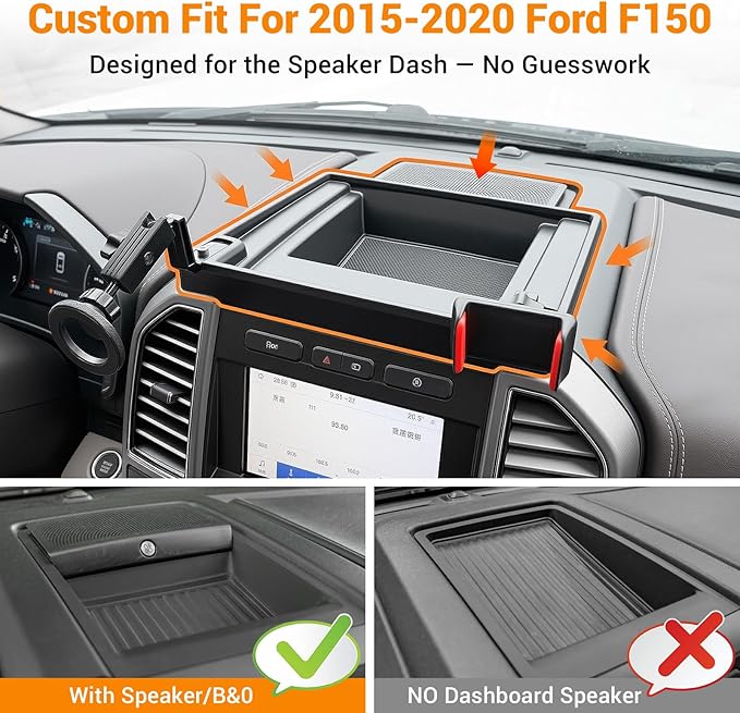 Dashboard Phone Holder Compatible with 2015-2020 Ford F150 with Speaker Center Console Organizer Dashboard Phone Multi-Mount Kit for F150 Accessories(f150 2015-2020 w/sub)
