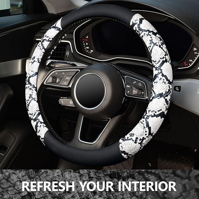 ZHOL Snake Skin Steering Wheel Cover, Universal 14.5-15 inch Breathable Microfiber Leather Anti-Slip Car Steering Wheel Protector for Women Men, Black&White