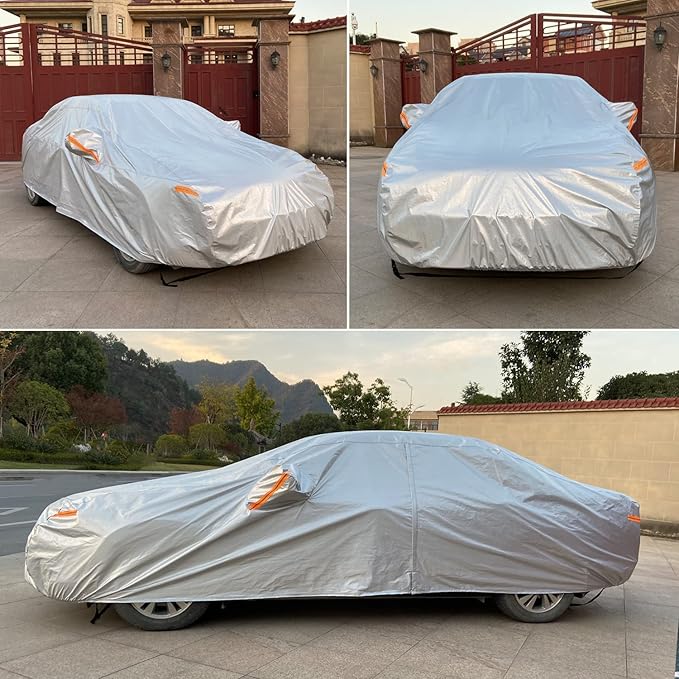 SEAZEN Car Cover 6 Layers, Waterproof Sedan Car Cover with Zipper Door, Snowproof/UV Protection/Windproof, Universal Car Covers Breathable Fabric with Cotton (185" to 200")