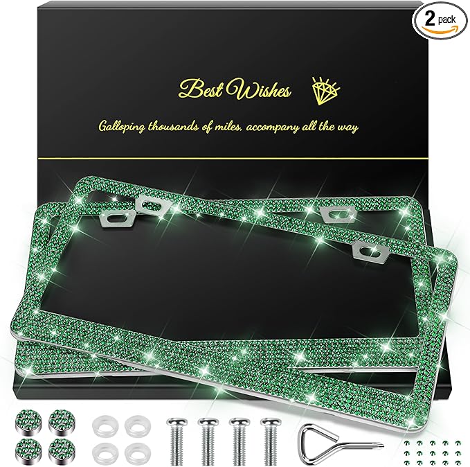 QUANQIUFEI 2 Pack Bling License Plate Frames for Women, Sparkly Rhinestone Diamond Car Accessories with Glitter Crystal Caps (Dark Green)