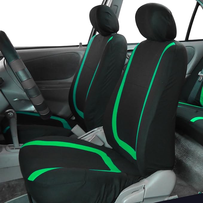 FH Group Automotive Seat Covers Unique Flat Cloth Green Full Set, Combo Steering Wheel Cover and Seat Belt Pads Rear Solid Bench Universal Fit for Vans Cars Trucks and SUV Interior Accessories