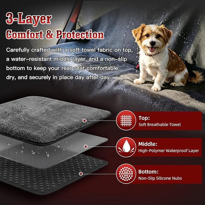 Car Seat Cover Towel, Waterproof Sweat Absorbent Back Seat Protector for Sedans SUVs & Minivans, Non-Slip Machine Washable Rear Bench Cover for Post-Gym, Beach, Pets & Kids (Gray)