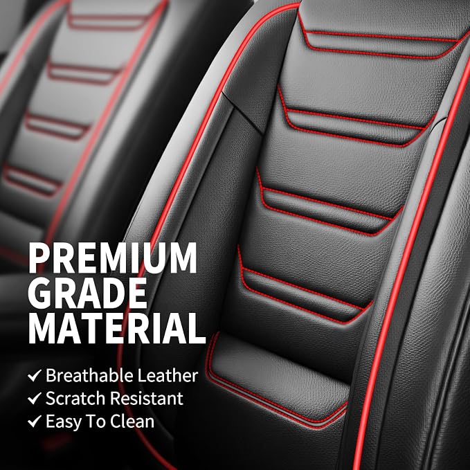 Fit XT6 Car Seat Covers for Select Cadillac XT6 2020-2025 - Premium Full Coverage Leather, Airbag Compatible & Scratch-Resistant, Waterproof & All Weather Seat Protector, Full Set, Red Trim