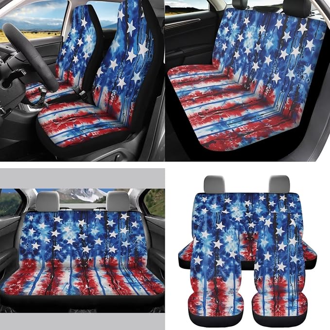 Patriotic Auto Interior Accessories USA Flag Car Seat Covers with Auto Steering Wheel Cover Seat Belt Covers Car Trash Can View Mirror Cover Coaster Keychains