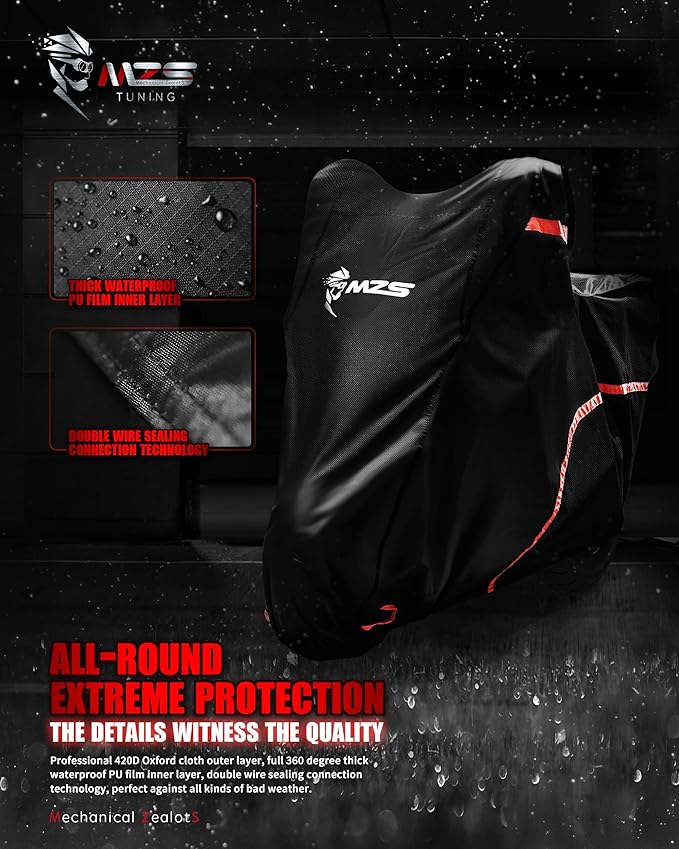 MZS Motorcycle Cover, All Season Weather Outdoor Waterproof Protection fits up to 73 inch M Compatible Mini Bike Dirtbikes Scooter with Vents Night Reflective Tear Scratch Proof Sunblock