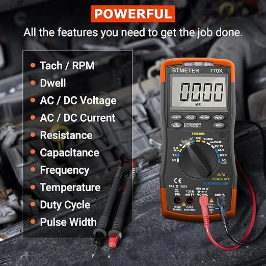 BTMETER BT-770K Auto Ranging Automotive Multimeter for Dwell Angle Pulse Width Tach Temperature Duty Cycle Voltage Current Resistance Test