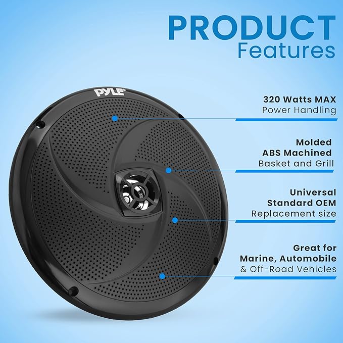 PyleUsa Marine Vehicle Speakers - Dual 2-Way 320W 4 Ohm Low Profile Waterproof Car Component Speaker System, 8 Oz Magnet, Voice Coil, for Custom Audio Boat, Truck, Watercraft, Mobile, Off-Road (Black)