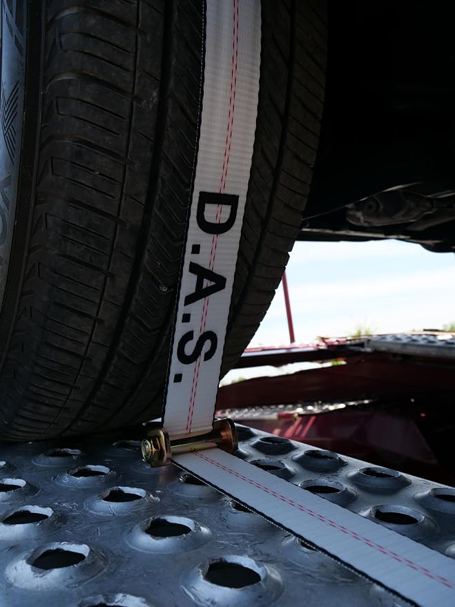 D.A.S. Car Hauler Straps - 2 inches x 11 feet, Set of 4 Wheel Tie Down Straps for Car, Truck, and UTV Transport, Secure Car Tie Dow, Three Cleat Design | White Color