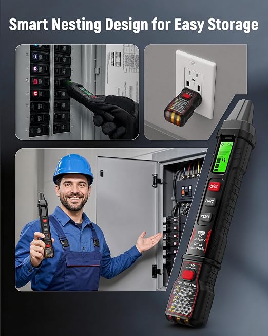 KAIWEETS Circuit Breaker Finder with LCD Display, GFCI Outlet Tester, AC 90-130V Electrical Circuit Tracer Tool with NCV Tset & Flashlight, Includes Carrying Case with Adapter, Alligator Clips -KT303P
