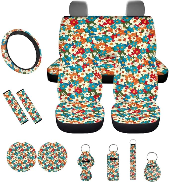 Hippie Boho Blossoms Pattern Car Accessories Car Seat Covers Full Set with Steering Wheel Covers+Seat Belt Pads+Coasters+Keychain+Lipstick Holder Universal Fit(13 Pack)