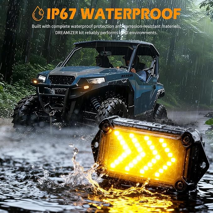 DREAMIZER UTV Turn Signal Kit with Horn,Pre-Wired, Plug and Play ATV SXS Blinker with Rocker Switch, Hazard Light, Universal Street Legal Turn Signals Compatible with Polaris Can-Am and more