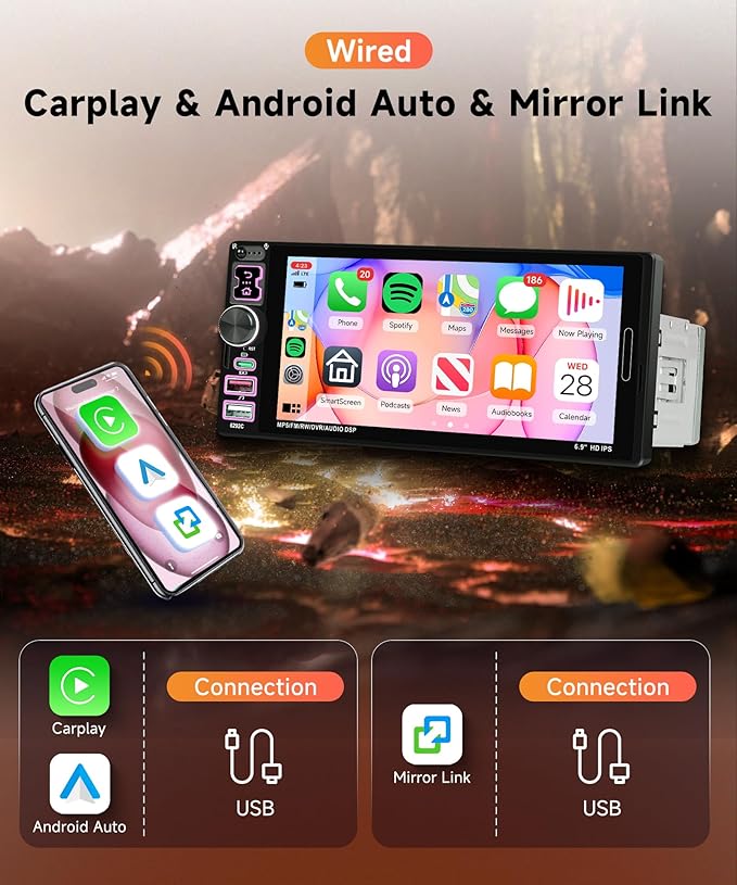 Car Stereo Single Din Wired Carplay Android Auto Car Radio with Bluetooth 5.2, Rimoody 6.9 inch Touch Screen Mirror Link FM/EQ USB-2/Type-C/SWC/MIC Car Audio Receiver with Backup Camera