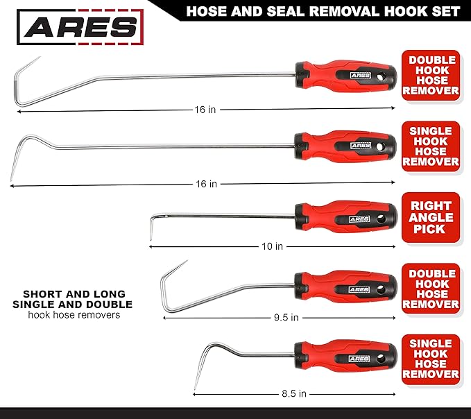 ARES 10038-5-Piece Hose and Seal Removal Set - Includes 90 Degree Seal Pick and Single and Double Offset Hose Removers - Chrome-Plated Steel Shafts - Easily Remove Hoses, Clips, Clamps, and More
