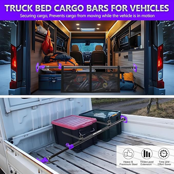 Adjustable Cargo Bar, Truck Bed Divider from 40 to 78.7 in with 200LB Bearing Capacity, Cargo Bar for Pickup, Truck Bed Organizer Cargo Bars for SUV, Trailer, Van, Come with 2 Divider, 1 Cargo Net