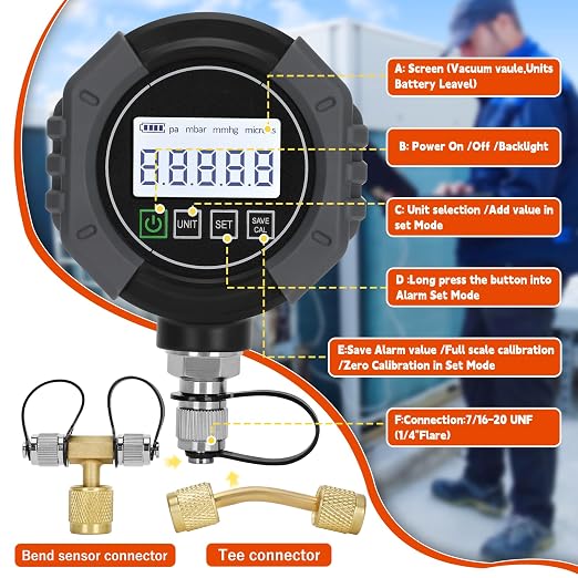 Pro Digital Vacuum Gauge, HVAC Pressure Tester with Alarm， HVAC Micron Gauge 0-75,000 Microns, 7/16-20 UNF, 1/4 inch SAE, Temp Compensation, LCD Backlit Display