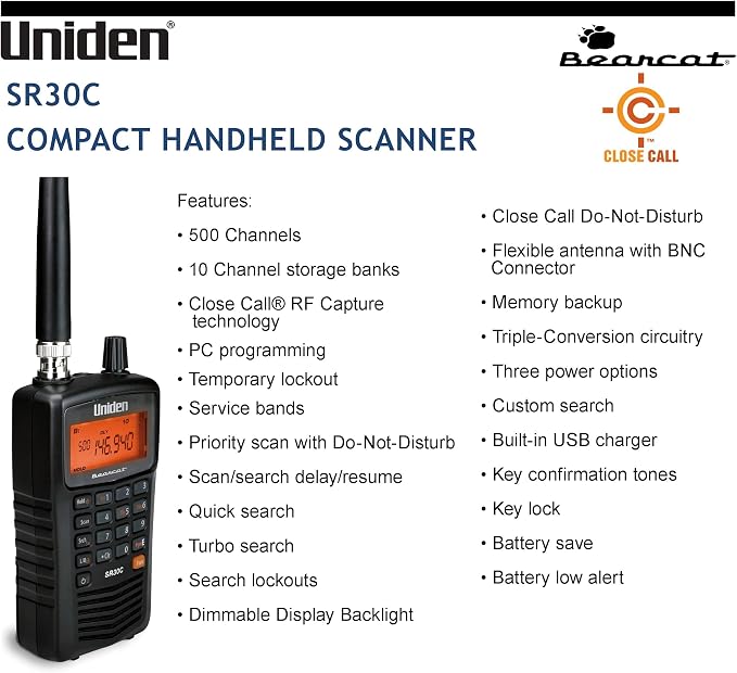 Uniden Bearcat SR30C, 500-Channel Compact Handheld Scanner, Close Call RF Capture, Turbo Search, PC programable, NASCAR, Racing, Aviation, Marine, Railroad, and Non-Digital Police/Fire/Public Safety