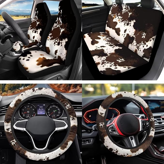 Brown Cow Print 12 Pack Car Seat Covers Full Set with Steering Wheel Accessories Car Seat Belt Cover Arm Rest Cover Car Cup Coasters Universal Fit for Most Cars,SUVs