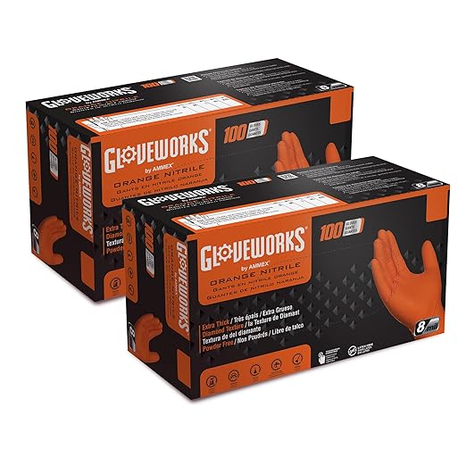 GLOVEWORKS 8 Mil Orange Nitrile Disposable Gloves Heavy Duty Industrial RDT for Mechanic and Automotive, XXL 2 Boxes of 100