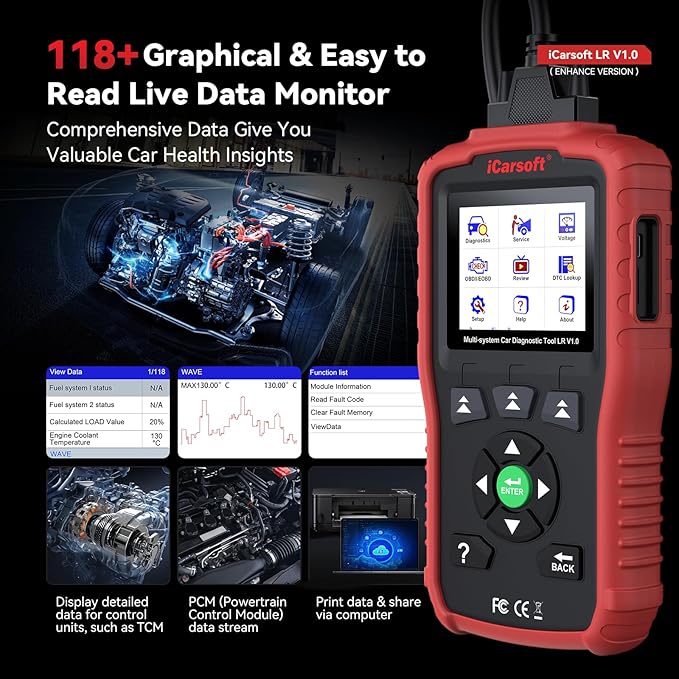 iCarsoft LR V1.0 for Land Rover/Jaguar OBD2 Scanner, All System Diagnostic Scan Tool Oil/SAS Reset Battery Test CAN Car Code Reader,DTC Lookup, 118 Live Data, VIN, Freeze Frame