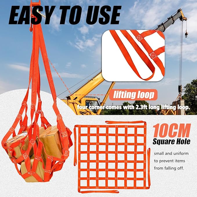 YATOINTO Cargo Lifting Net 3.28' x 3.28', Lifting Net Straps for Hoist 661lbs Load Capacity, Nylon Sling Hoisting Net 10CM Square Hole for Construction Rigging Moving Towing Hoisting Loading Unloading