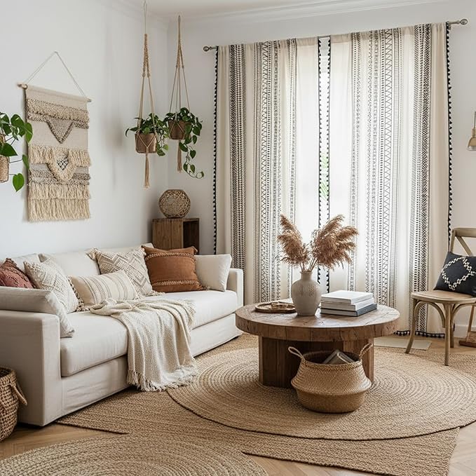 ColorBird Boho Curtains 2 Panels Modern Farmhouse Decor Black and White Striped Geometric Aztec Western Window Treatment Cream Curtain & Drapes for Living Bedroom Dining Room 63 Inch Length