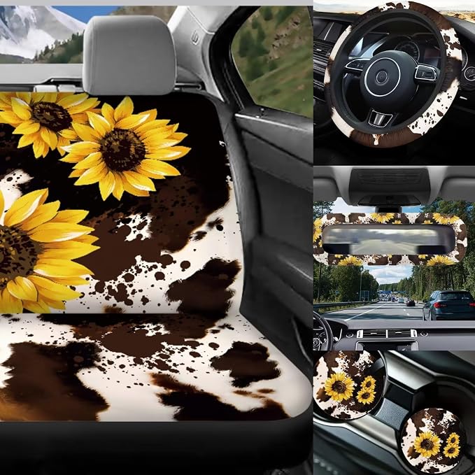 Sunflower Car Seat Covers Full Sets of 17 Pack,Brown Cow Print Car Accessories Sets for Women with Auto Head Rest Covers,Steering Wheel Auto Covers,Hanging Trash Bag,Universal Fit Most Auto