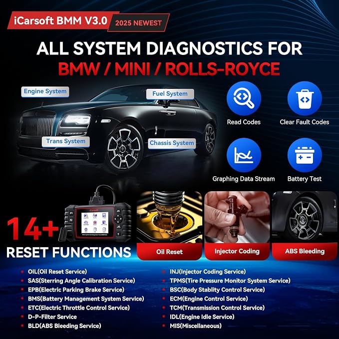 iCarsoft Bidirectional Diagnostic Tool for BMW/Rolls-Royce/Mini, BMM V3.0 All Resets/Battery Registration/ECU Coding Full System OBD2 Scanner for BMW Code Reader, Battery Test,Auto VIN-2025 Ver