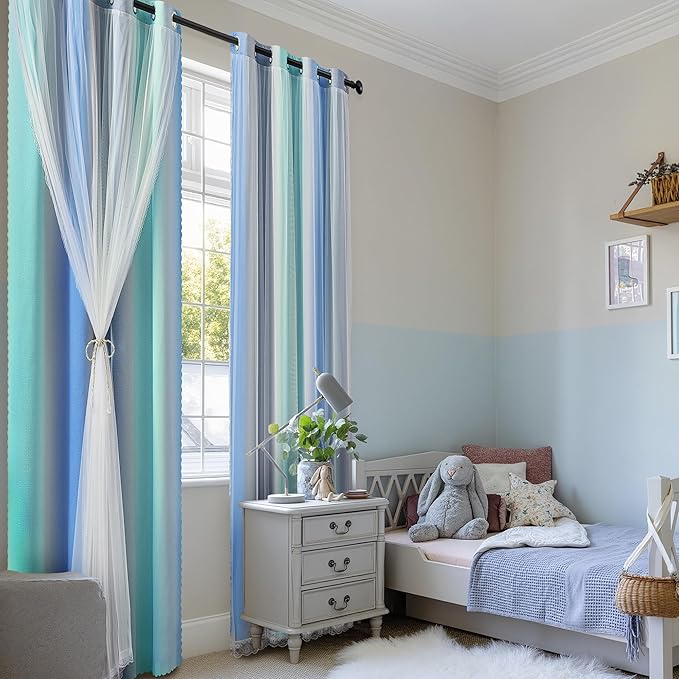 XiDi Blue Green Grey Blackout Curtains 63 Inches Long for Living Room Bedroom 2 Panels Double Layer Curtains Rainbow Kids Grommet Window Drapes for Nursery Princess Unicorn Wall Decals 52 Inches Wide