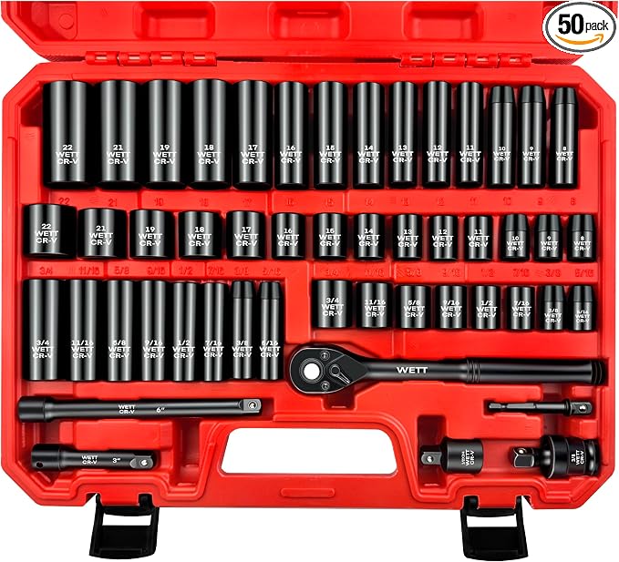WETT 50Pcs 3/8" Drive Impact Socket Set, SAE/Metric, Deep/Shallow Sockets, with Adjustable Ratchet Handle, Extension Bar, Universal Joint, Adapter & Reducer, Cr-V Steel,(5/16"-3/4", 8-22mm)
