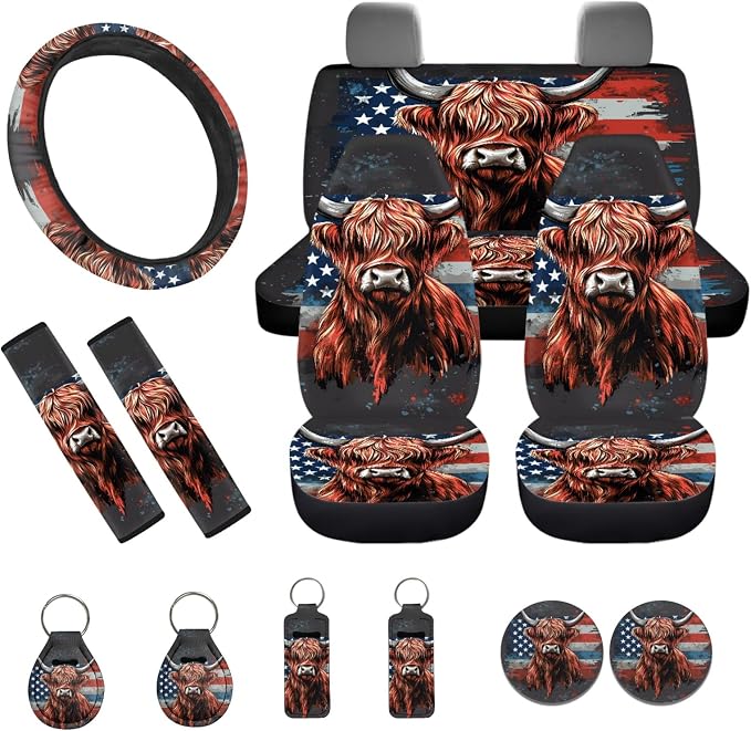 INSTANTARTS American Flag Highland Cow Car Accessories Full Set of 13 Front Rear Seat Covers with Keychain Lipstick Holder Coasters Steering Wheel Cover Seat Belt Cover