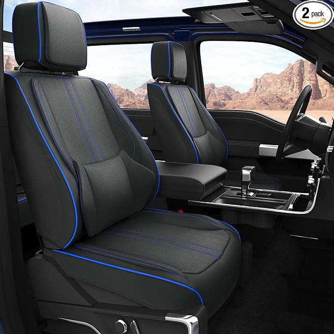 W&PMAX Front Seat Covers for Ford F-150 (2015–2025), Custom-Fit Waterproof Leather, Heated & Cooling Compatible – 2 PCS, Black/Blue Stitching