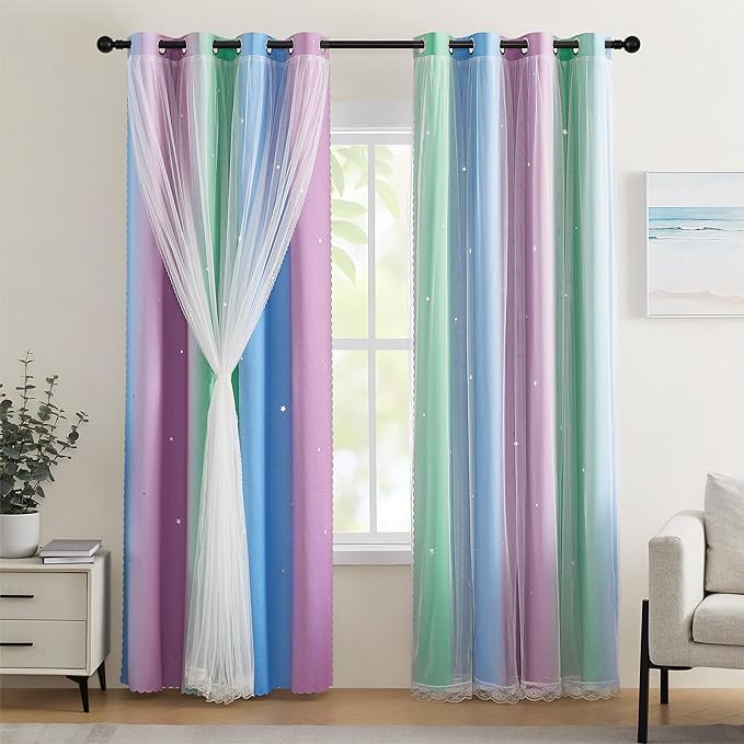 XiDi Blackout Curtains for Girls Bedroom Decor 72 inches Long Window Curtains Colorful Rainbow Design 2 Panel, Kids Room Unicorn Princess Theme Home Decor Ombre Drapes Green Purple Blue W34 X L72