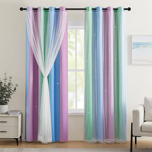 XiDi Green Purple Blue Curtains 72 Inches Long for Girls Bedroom 2 Panels Set, Blackout Rainbow Curtains for Kids Room Decor, Unicorn Wall Decals Drapes for Little Girl Nursery Room 52 Inches Wide