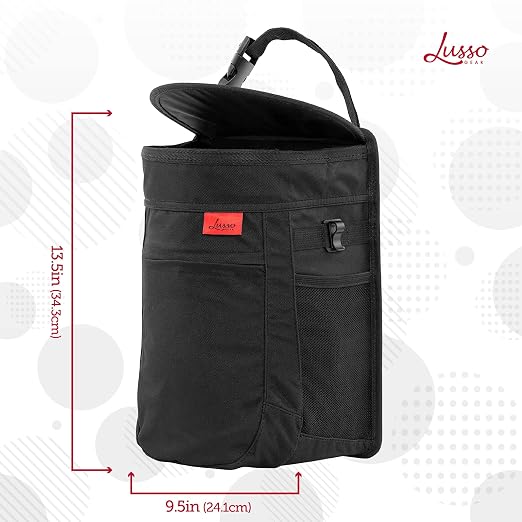 Lusso Gear Spill-Proof Car Trash Can (2.5 Gal, 2 Pack) - Easy to Clean Hanging Garbage Bin - Leak-Proof Lid, Removable Liner, Waterproof - Keeps Truck, SUV, Car, Minivan Clean & Odor Free (Black)