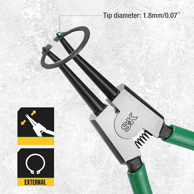 SK 7-Inch Snap Ring Pliers, External Circlip Pliers with Straight Jaw, Tip Diameter 0.07'', Premium CR-V Steel